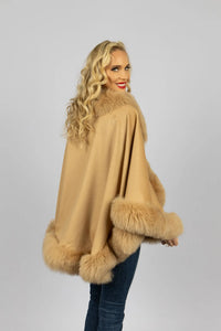 Camel 100% Cashmere Cape with Fox Trim