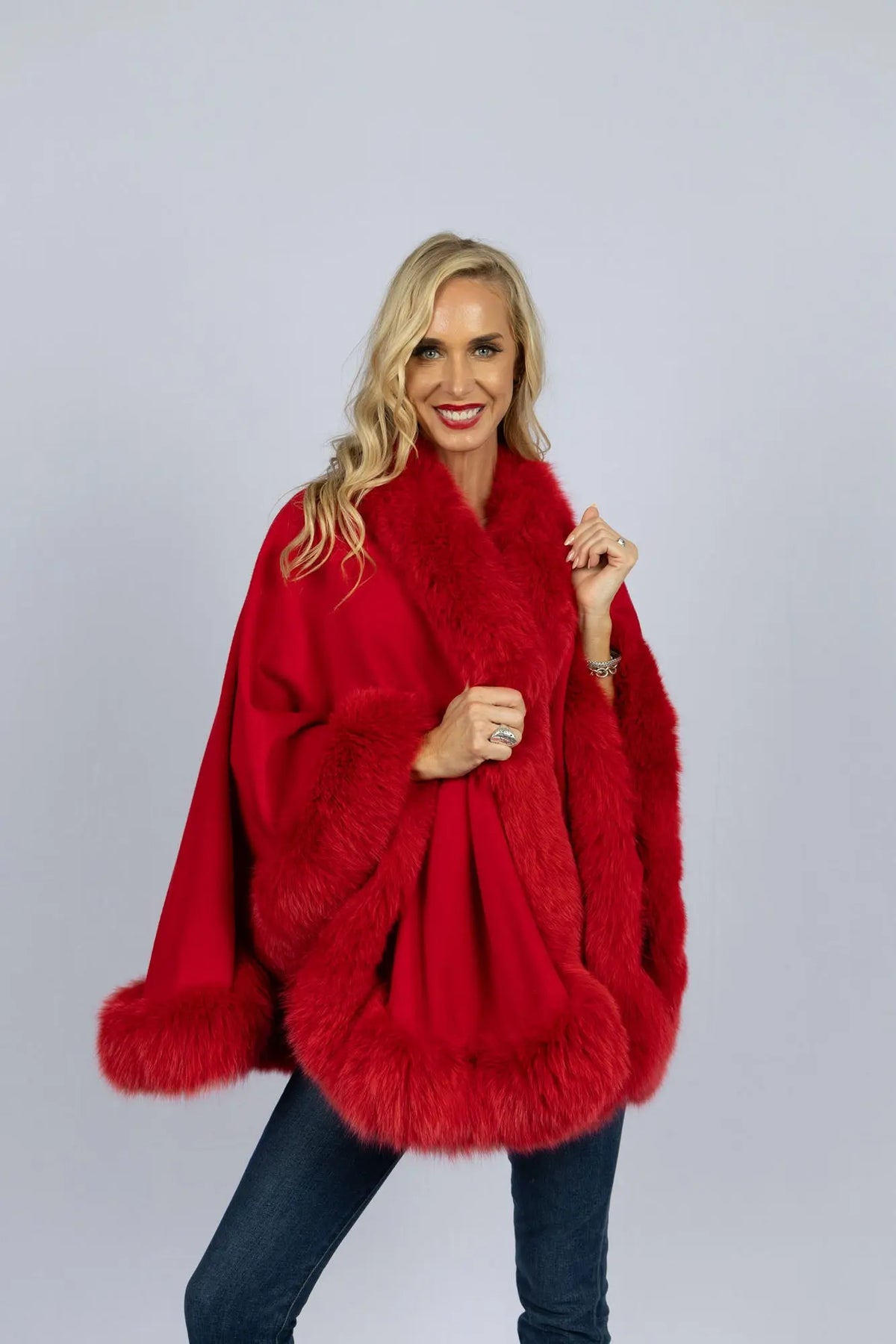 LaBelle Since 1919 Candy Apple 100% Cashmere Cape with Fox Trim