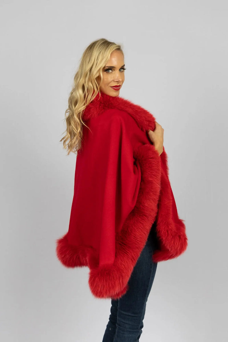 Candy Apple 100% Cashmere Cape with Fox Trim