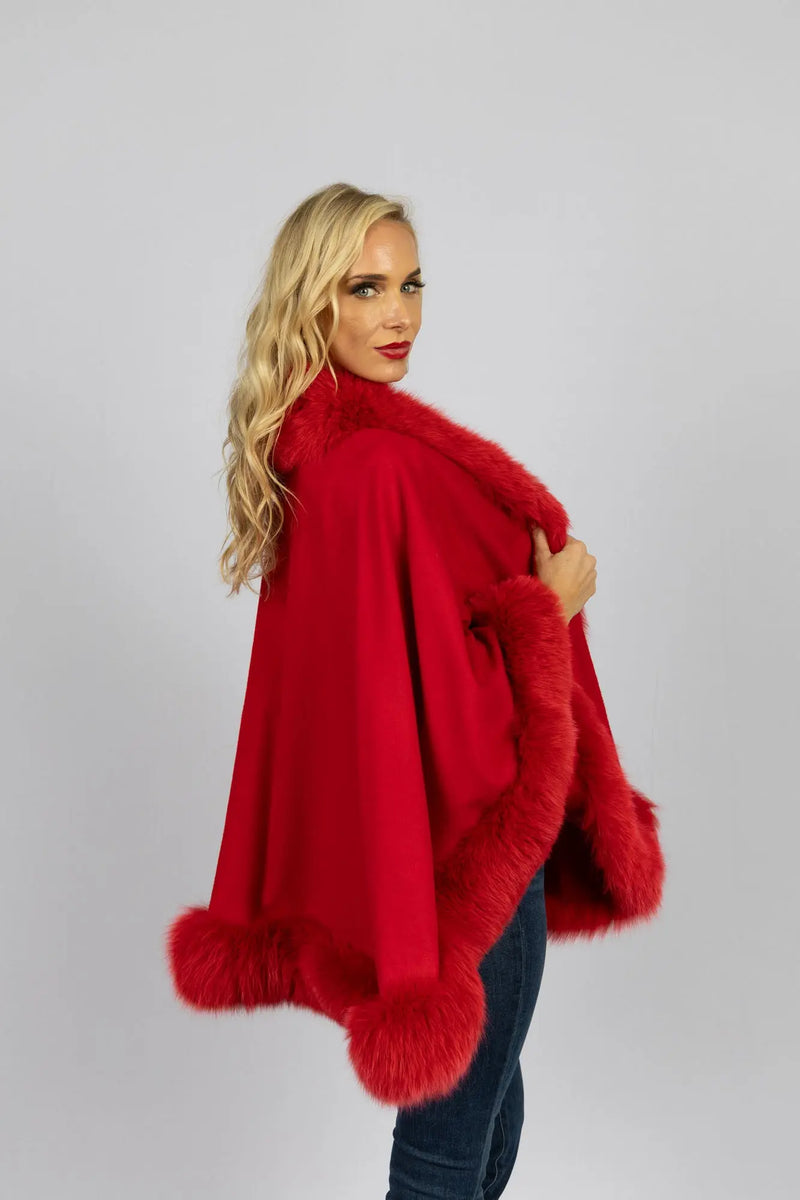 Candy Apple 100% Cashmere Cape with Fox Trim