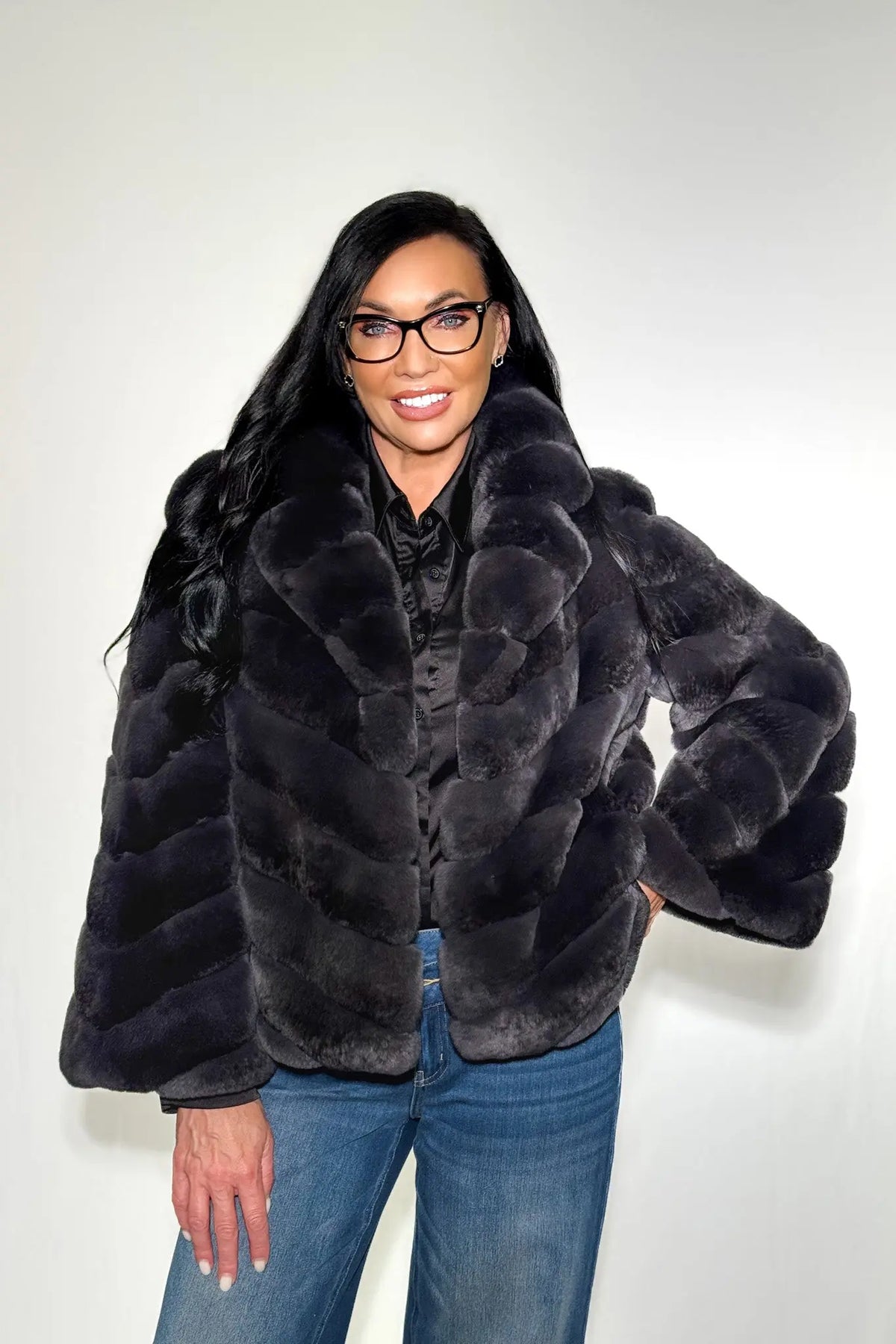 Charcoal Dyed Rex Rabbit Chevron Jacket