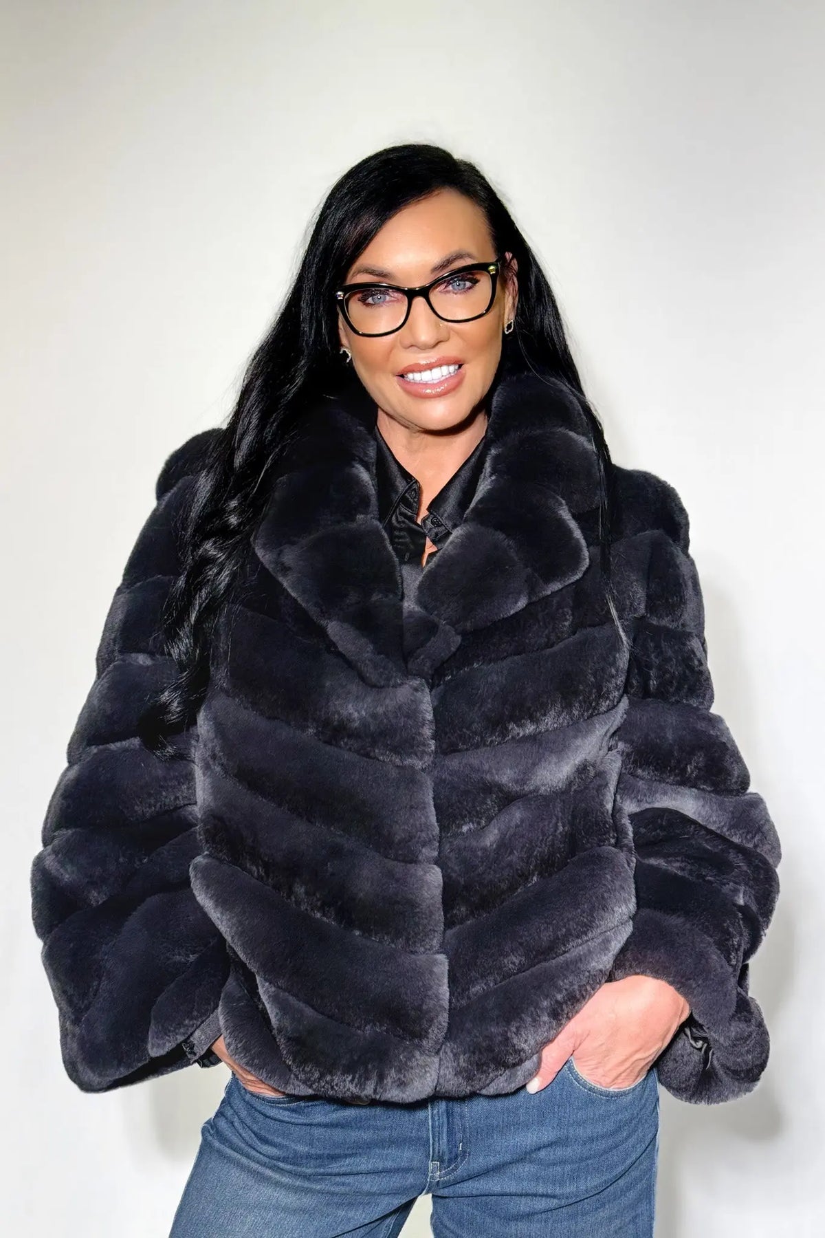Charcoal Dyed Rex Rabbit Chevron Jacket