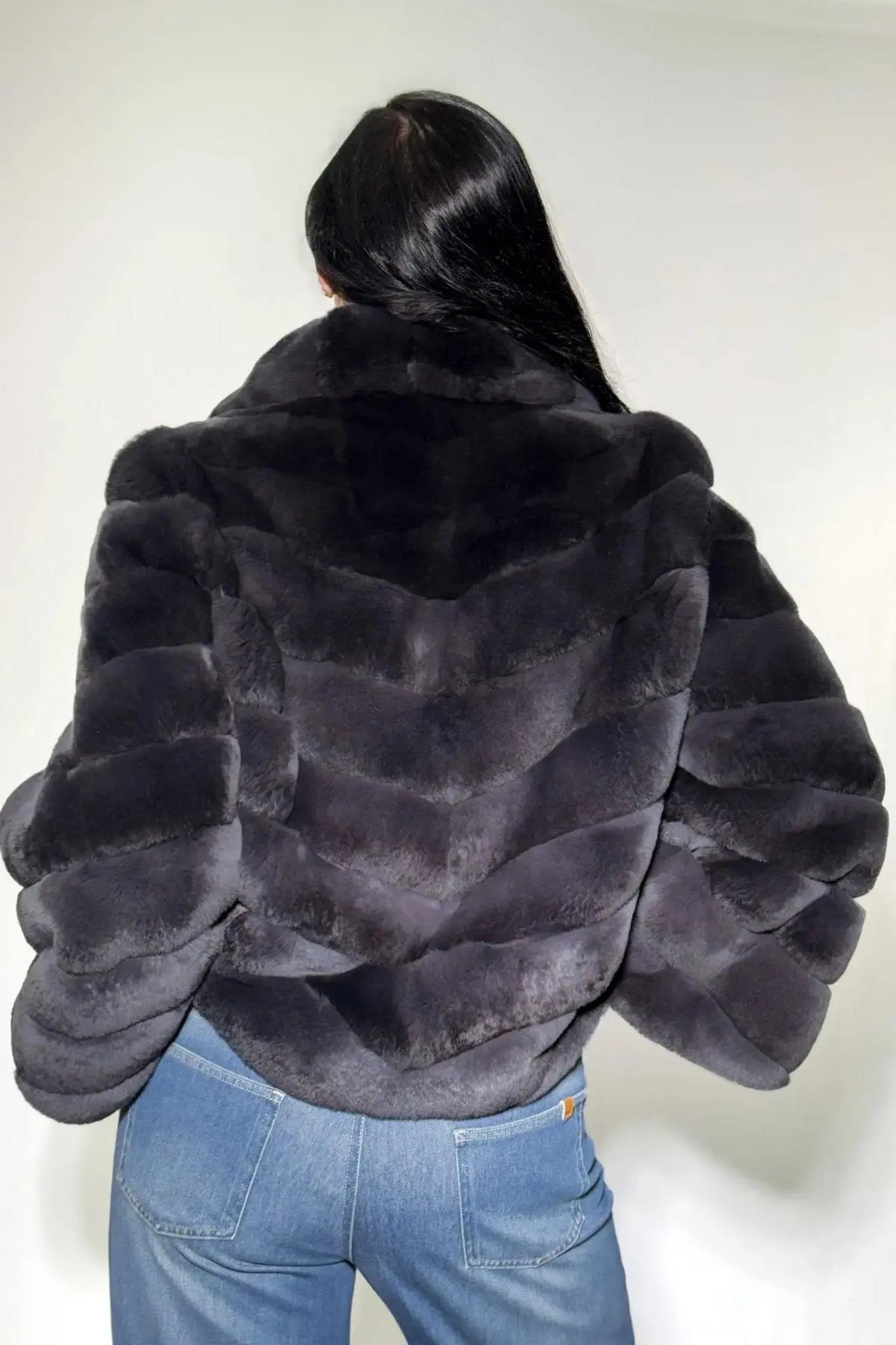 Charcoal Dyed Rex Rabbit Chevron Jacket