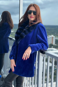 Cobalt Blue Sheared Mink Stroller with Chinchilla Collar