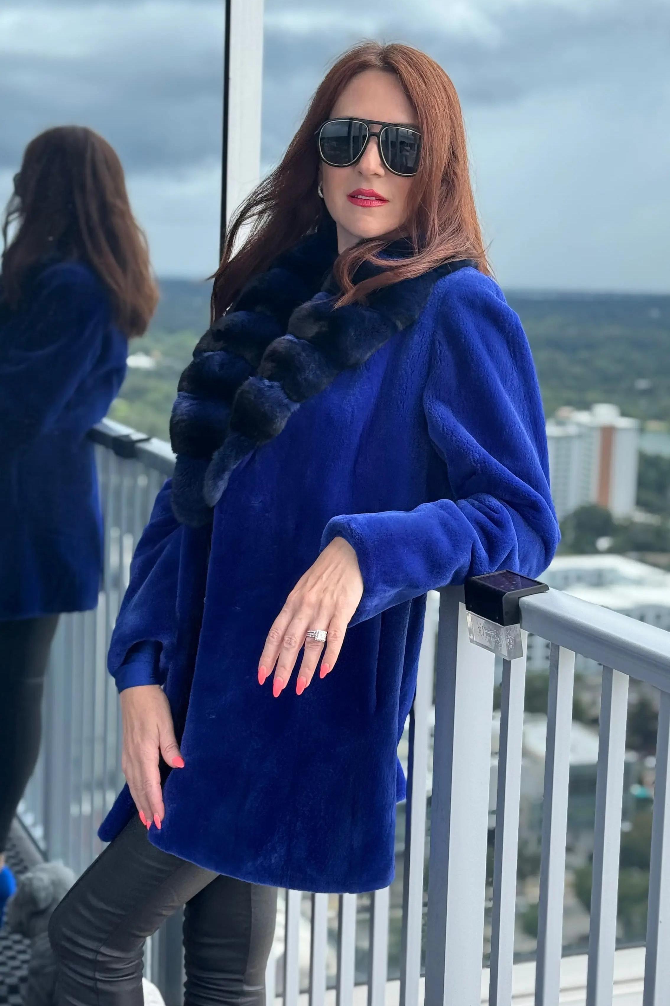 Cobalt Blue Sheared Mink Stroller with Chinchilla Collar