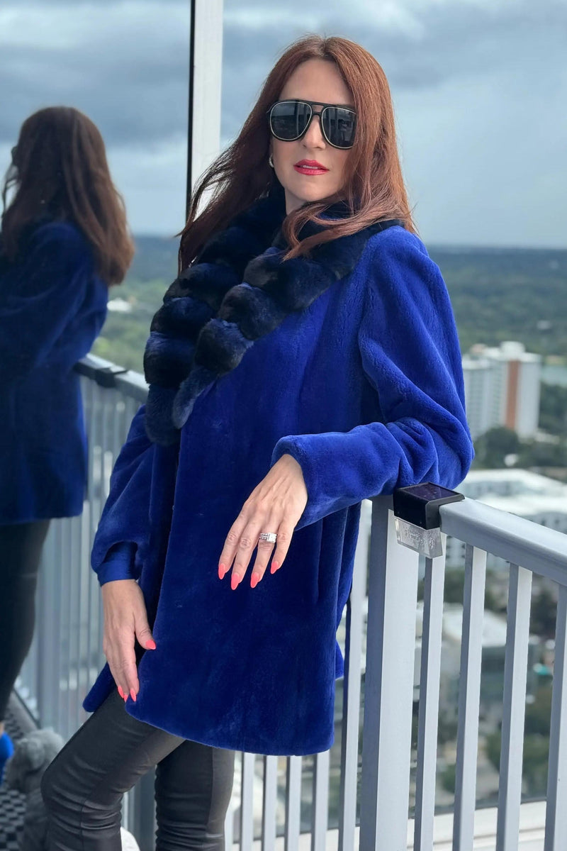 Cobalt Blue Sheared Mink Stroller with Chinchilla Collar