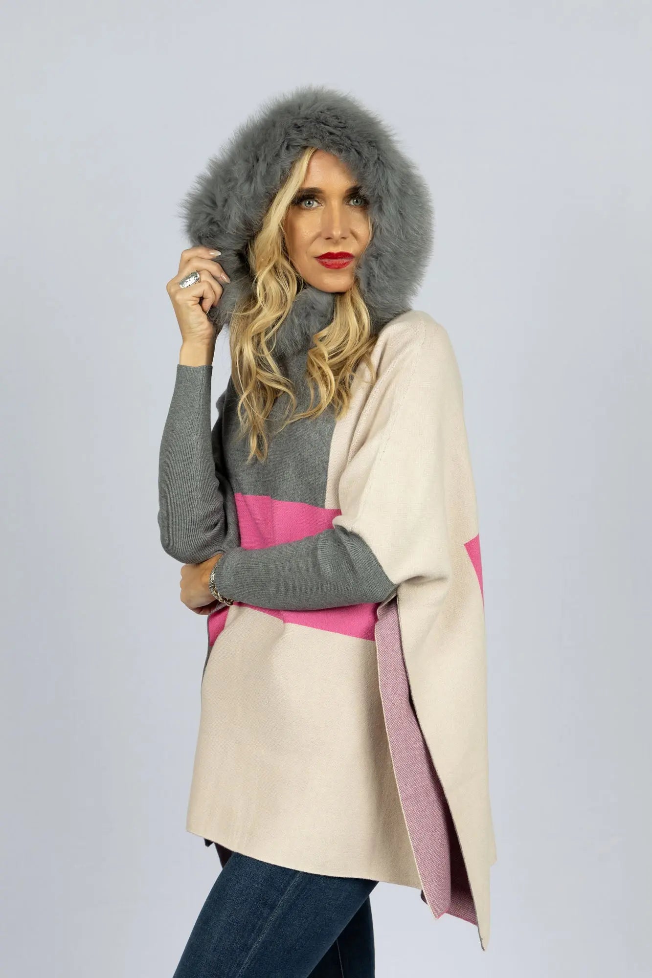 Color Block Hoodie with Fox Trimmed Hood – LaBelle Since 1919