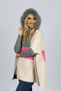 Color Block Hoodie with Fox Trimmed Hood