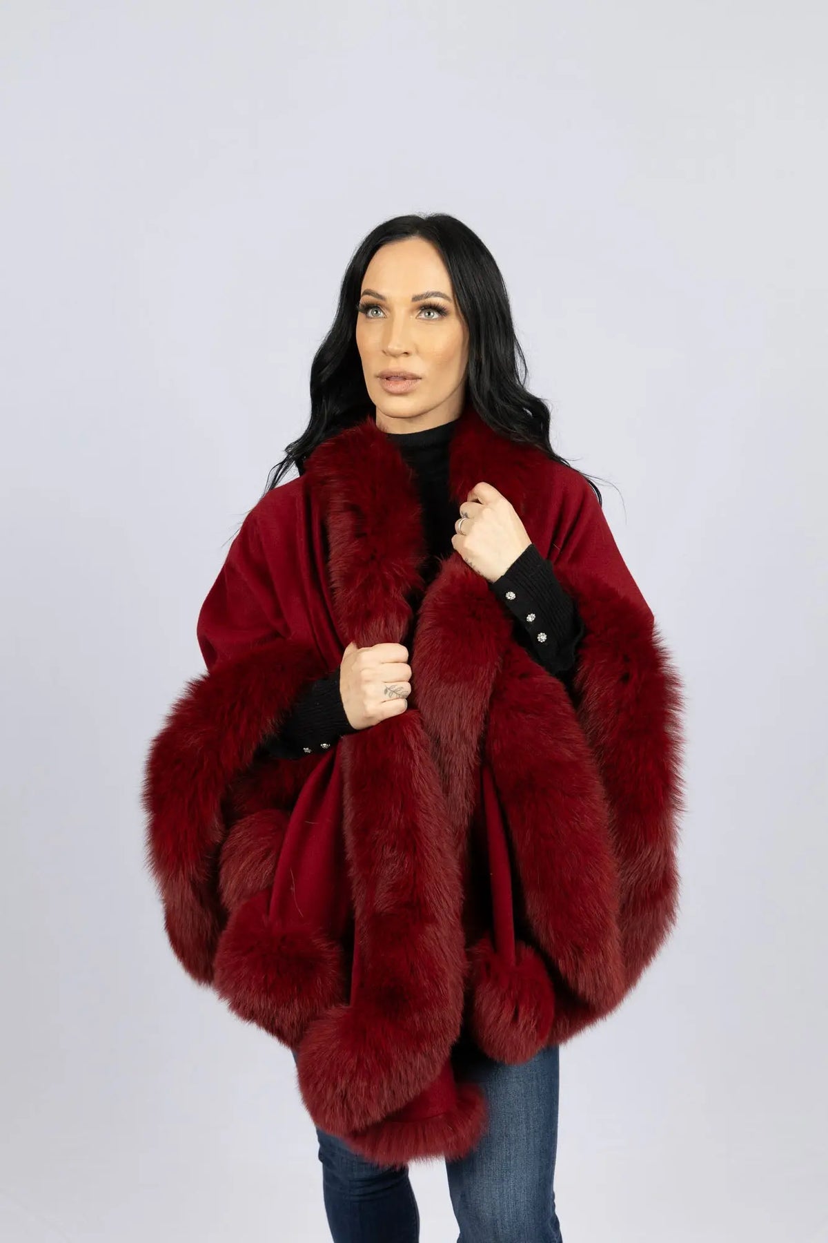 LaBelle Since 1919 Dark Red 100% Cashmere Cape with Fox Trim (Copy)