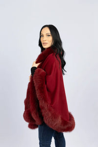 Dark Red 100% Cashmere Cape with Fox Trim