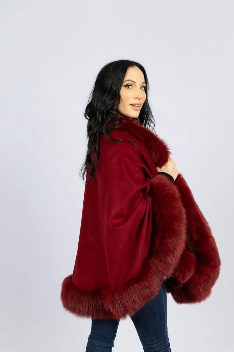 Dark Red 100% Cashmere Cape with Fox Trim