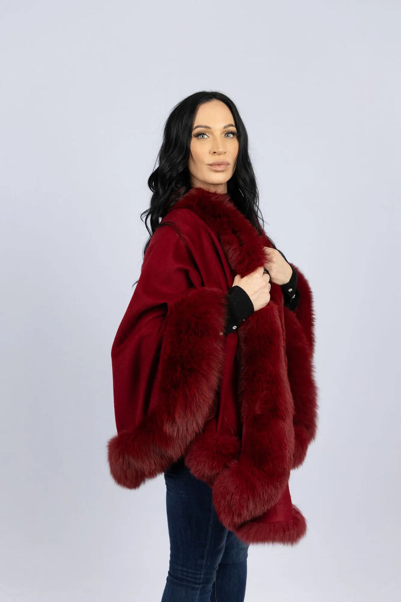 Dark Red 100% Cashmere Cape with Fox Trim