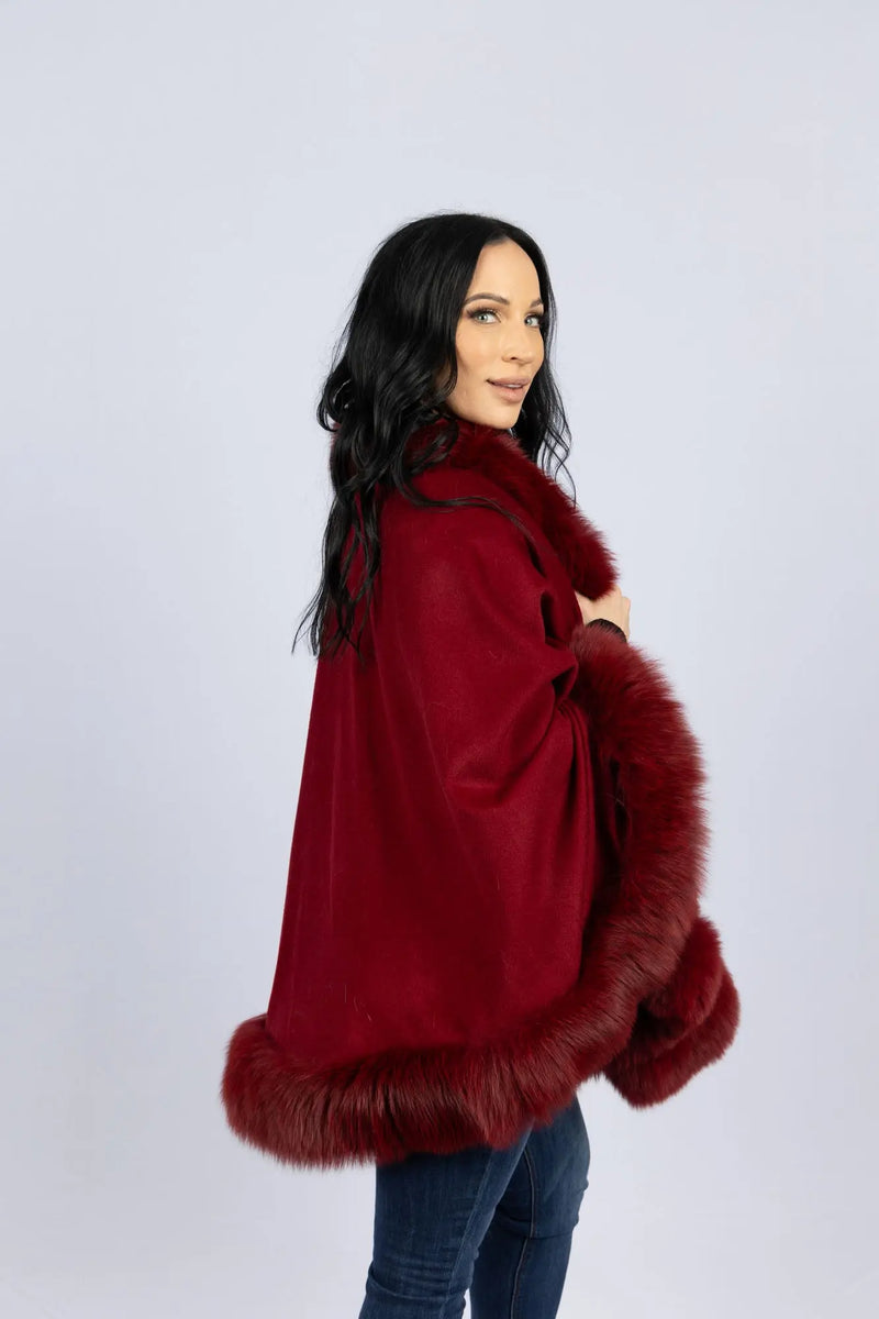 Dark Red 100% Cashmere Cape with Fox Trim