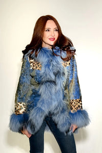 Denim Astrakhan Shearling Reversible Jacket with Fox Trim