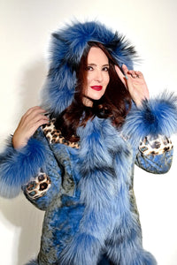Denim Astrakhan Shearling Reversible Jacket with Fox Trim