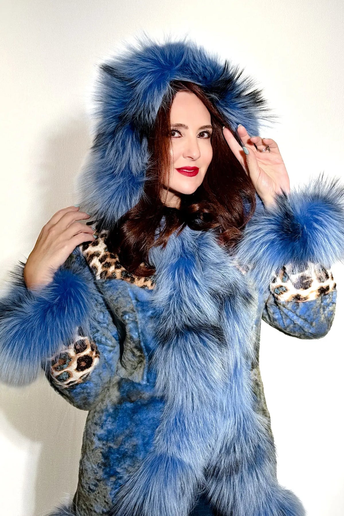 Denim Astrakhan Shearling Reversible Jacket with Fox Trim