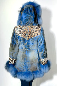 Denim Astrakhan Shearling Reversible Jacket with Fox Trim