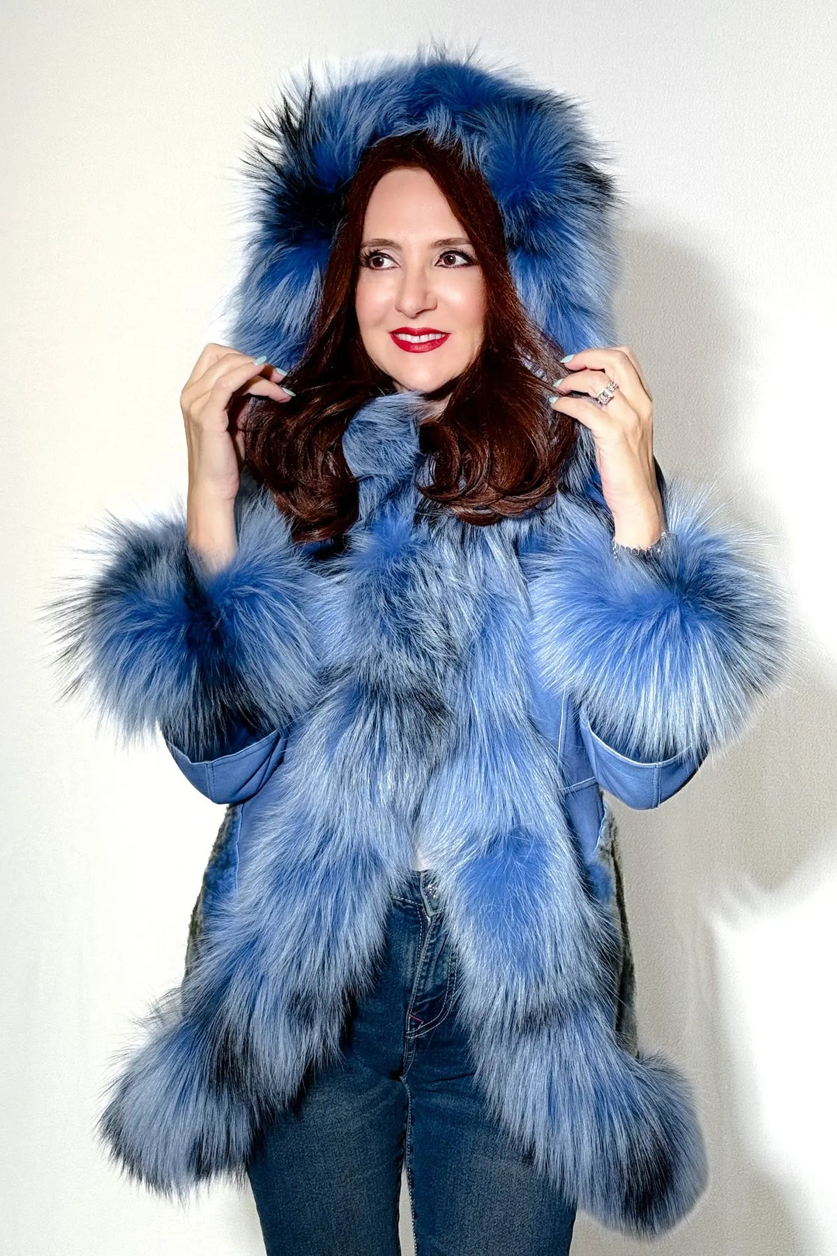 Denim Astrakhan Shearling Reversible Jacket with Fox Trim