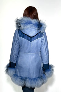 Denim Astrakhan Shearling Reversible Jacket with Fox Trim