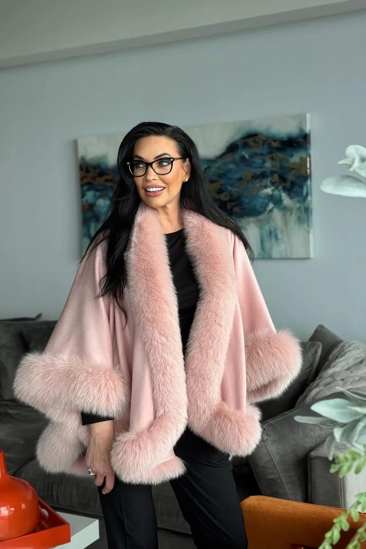 Dusty Rose 100% Cashmere Cape with Fox Trim
