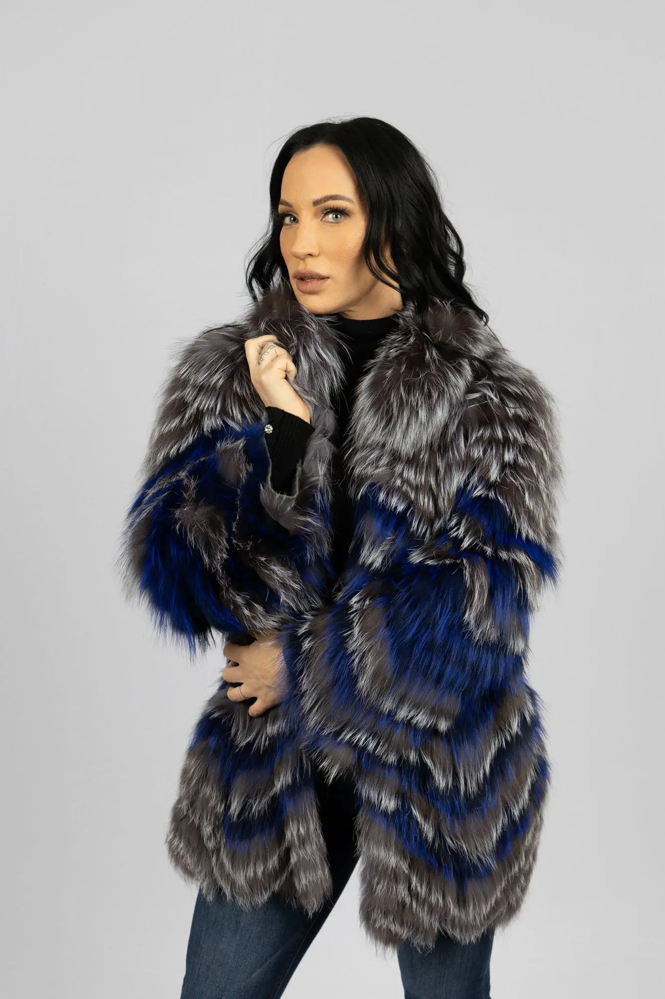 Dyed Feather Cut Blue and Silver Fox Stroller