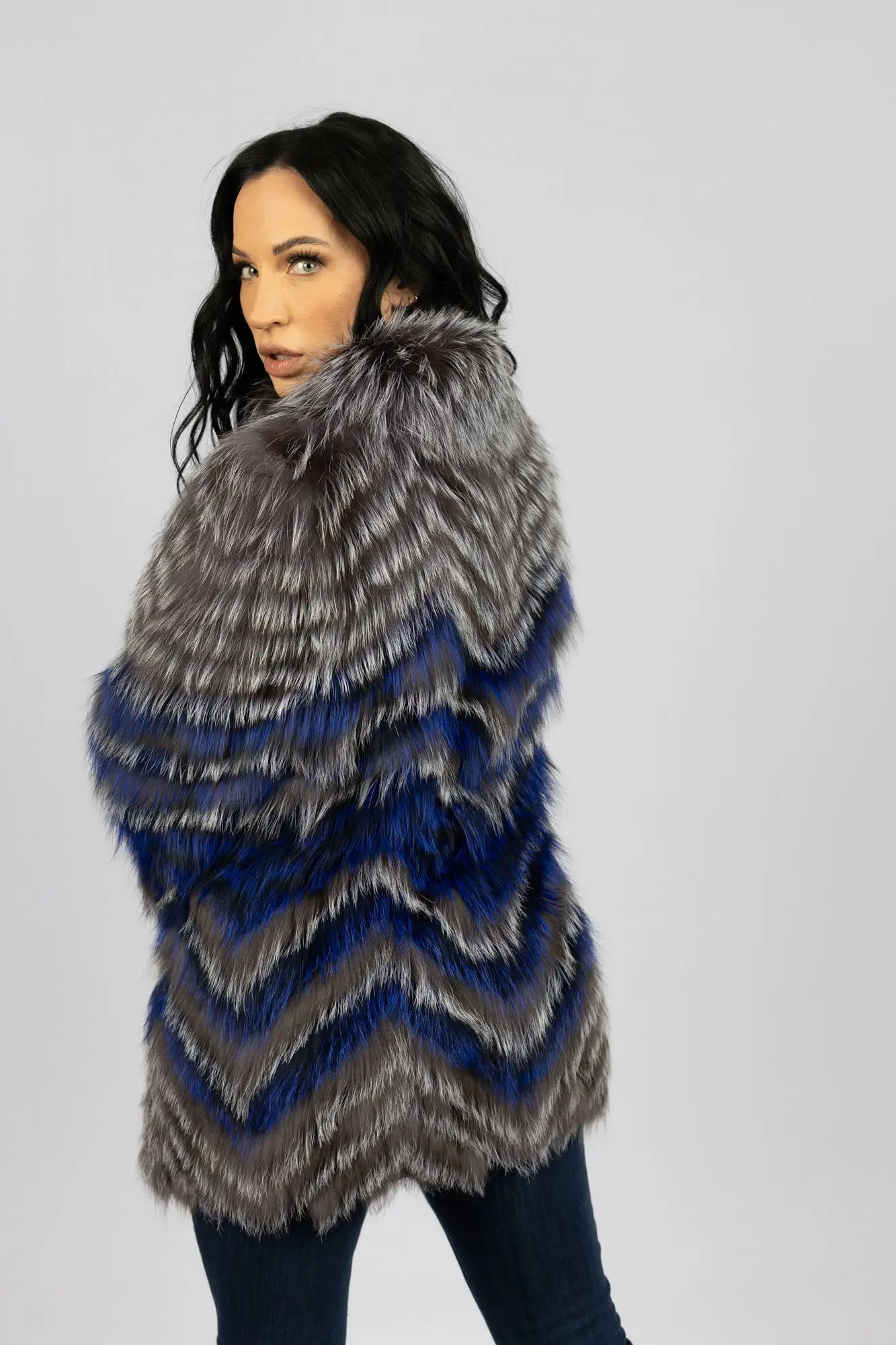 Dyed Feather Cut Blue and Silver Fox Stroller