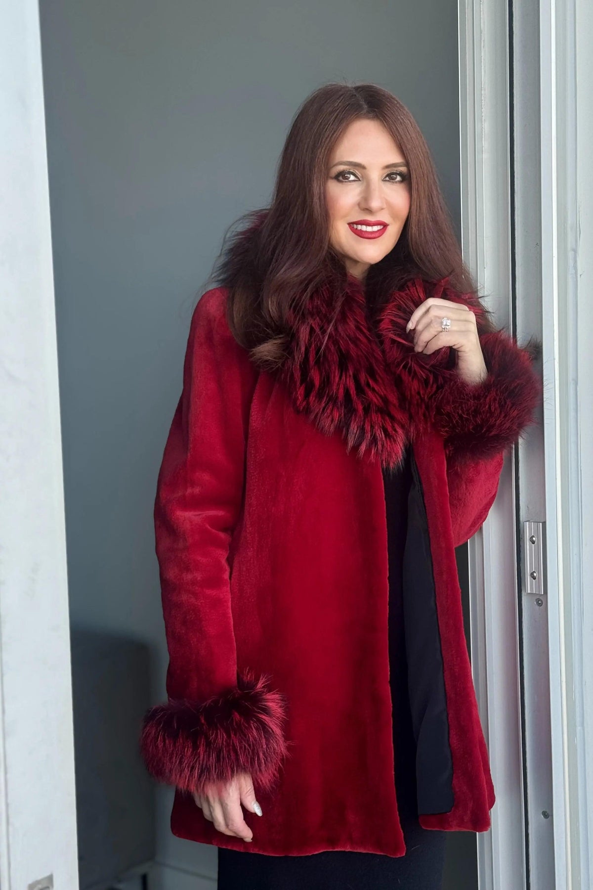 Fire Engine Red Sheared Mink Stroller w/ Dyed Fox Trim and Cuffs