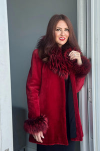 Fire Engine Red Sheared Mink Stroller w/ Dyed Fox Trim and Cuffs