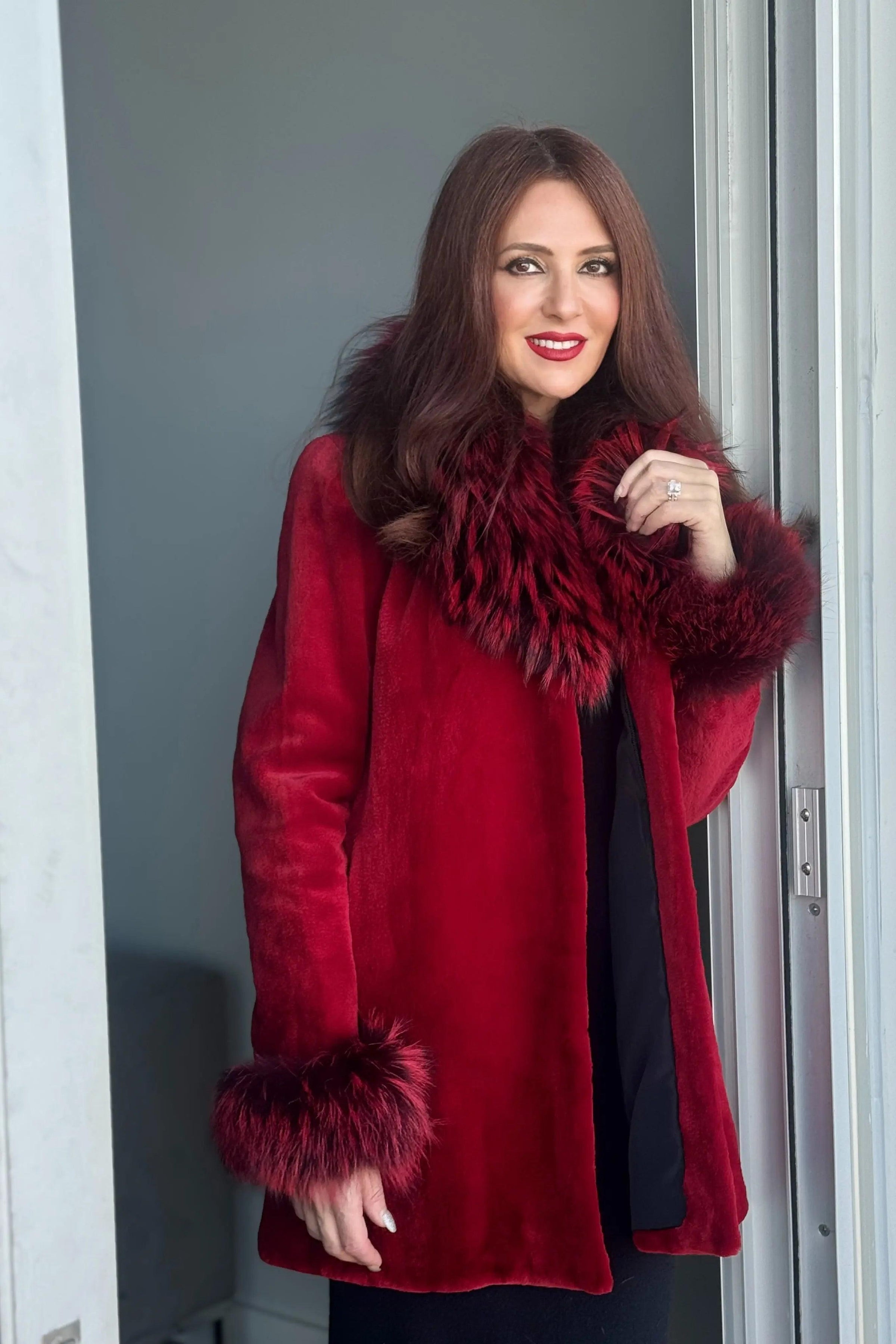 Fire Engine Red Sheared Mink Stroller w/ Dyed Fox Trim and Cuffs