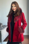 Fire Engine Red Sheared Mink Stroller w/ Dyed Fox Trim and Cuffs