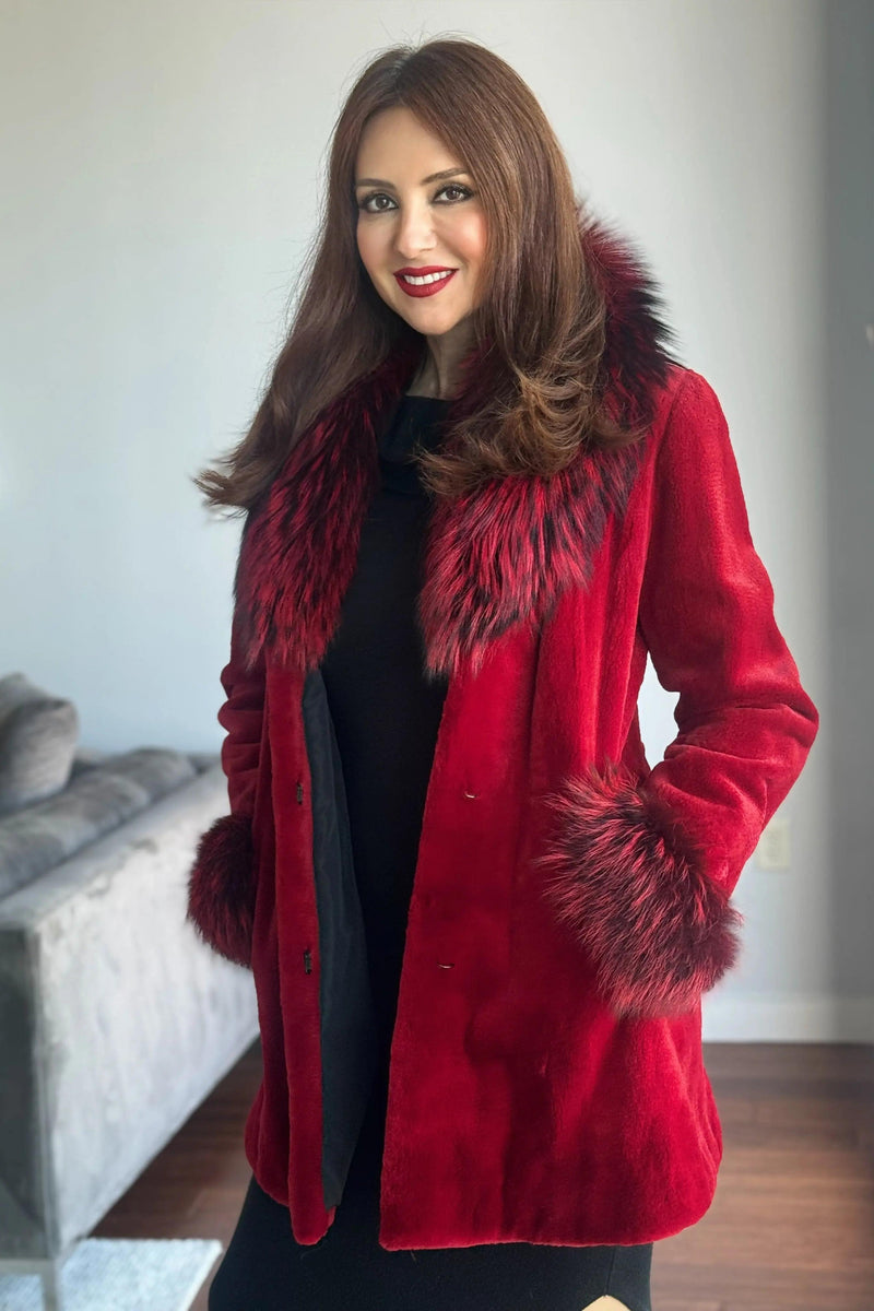 Fire Engine Red Sheared Mink Stroller w/ Dyed Fox Trim and Cuffs