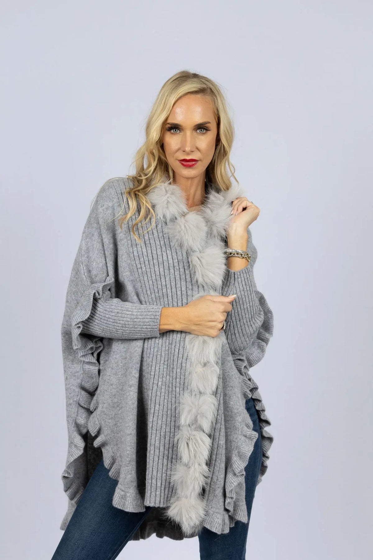 LaBelle Since 1919 Knit Wrap with Fox Pieces & Ruffles on Sleeves