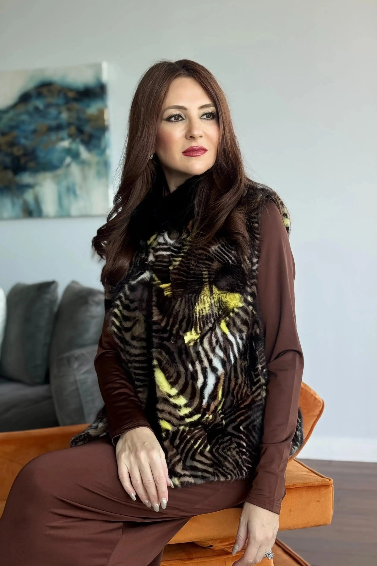 Mahogany and Neon Animal Print Section Mink Vest