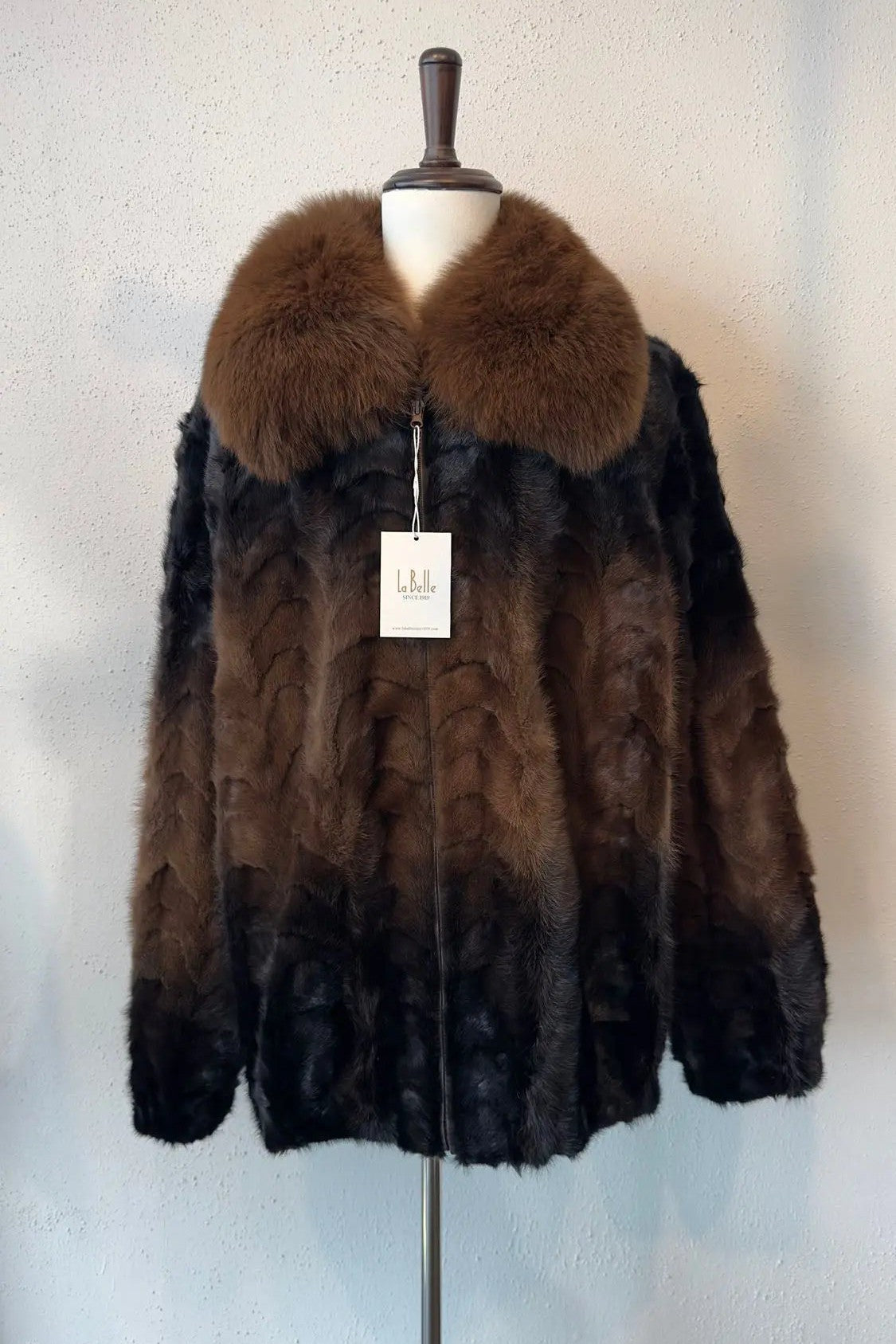 Men's Brown Section Mink Degrade Bomber Jacket with Fox Collar