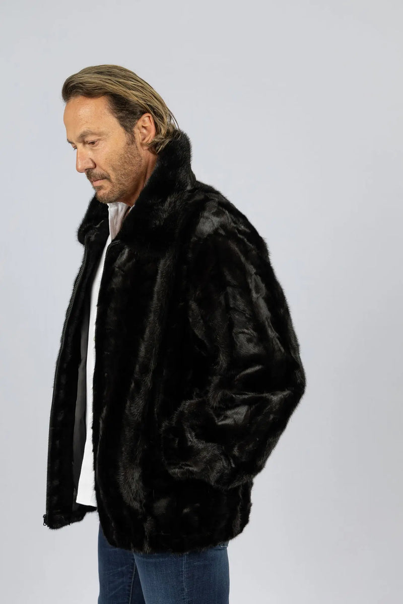 Men's Dyed Black Section Mink Bomber Jacket