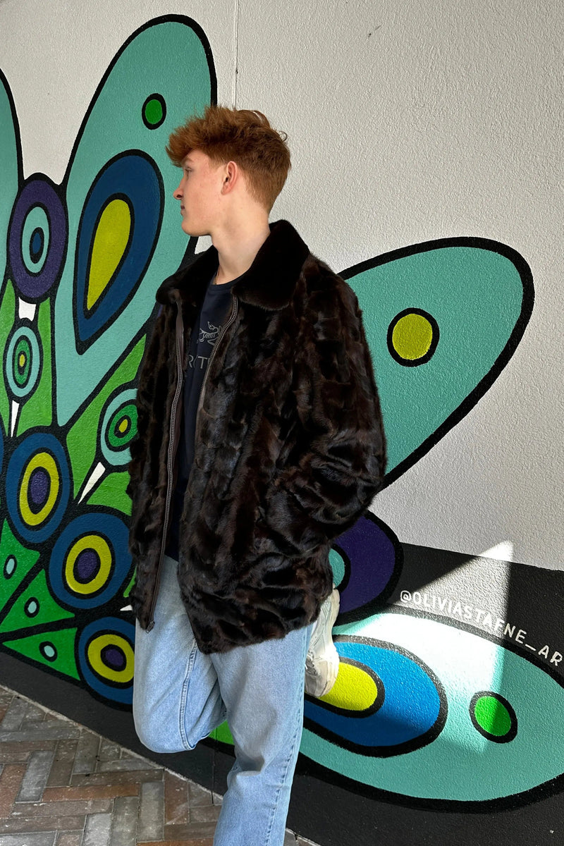 Men's Mahogany Section Mink Bomber Jacket