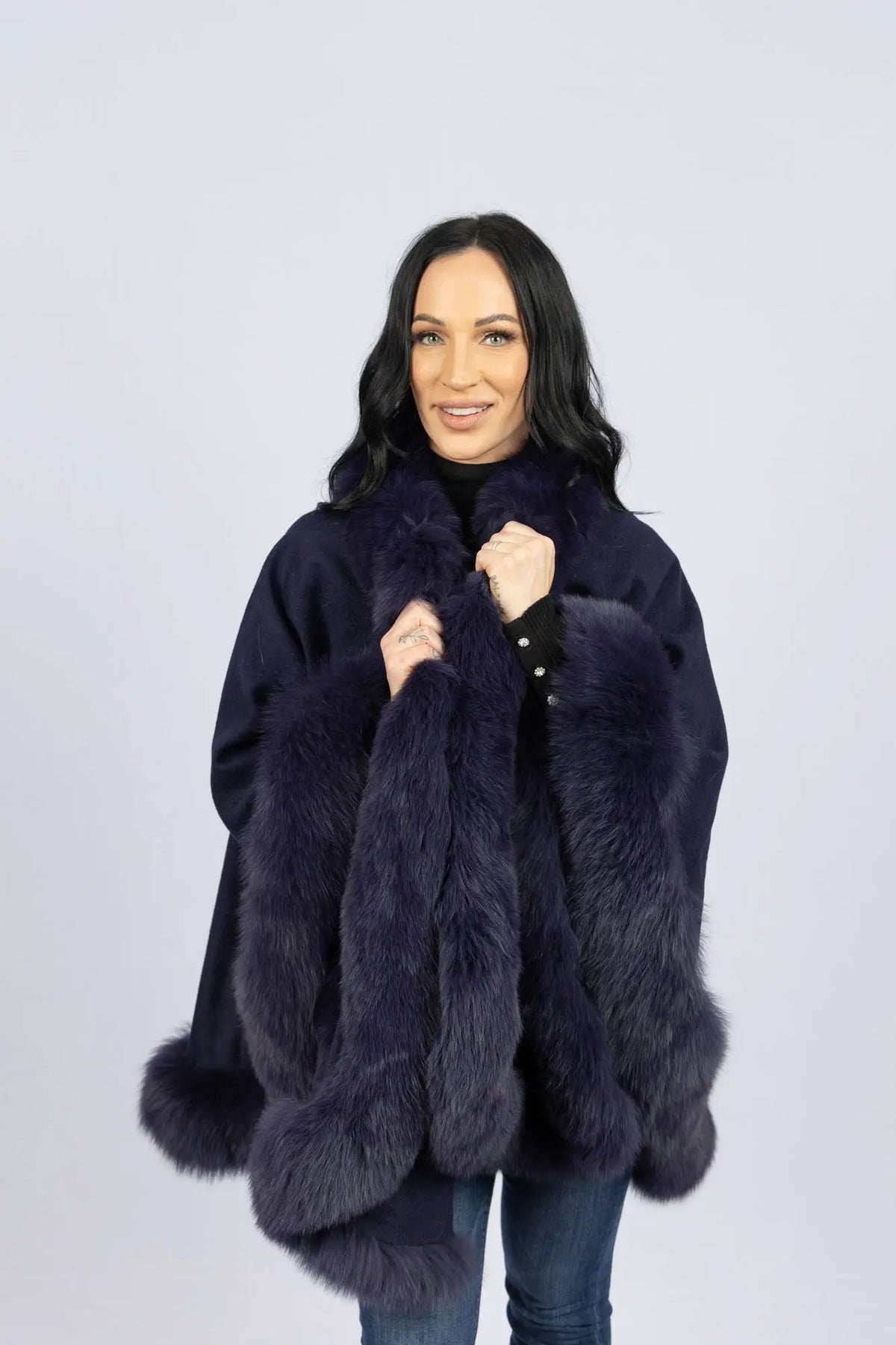 LaBelle Since 1919 Navy 100% Cashmere Cape with Fox Trim