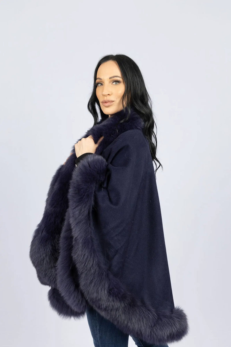 Navy 100% Cashmere Cape with Fox Trim