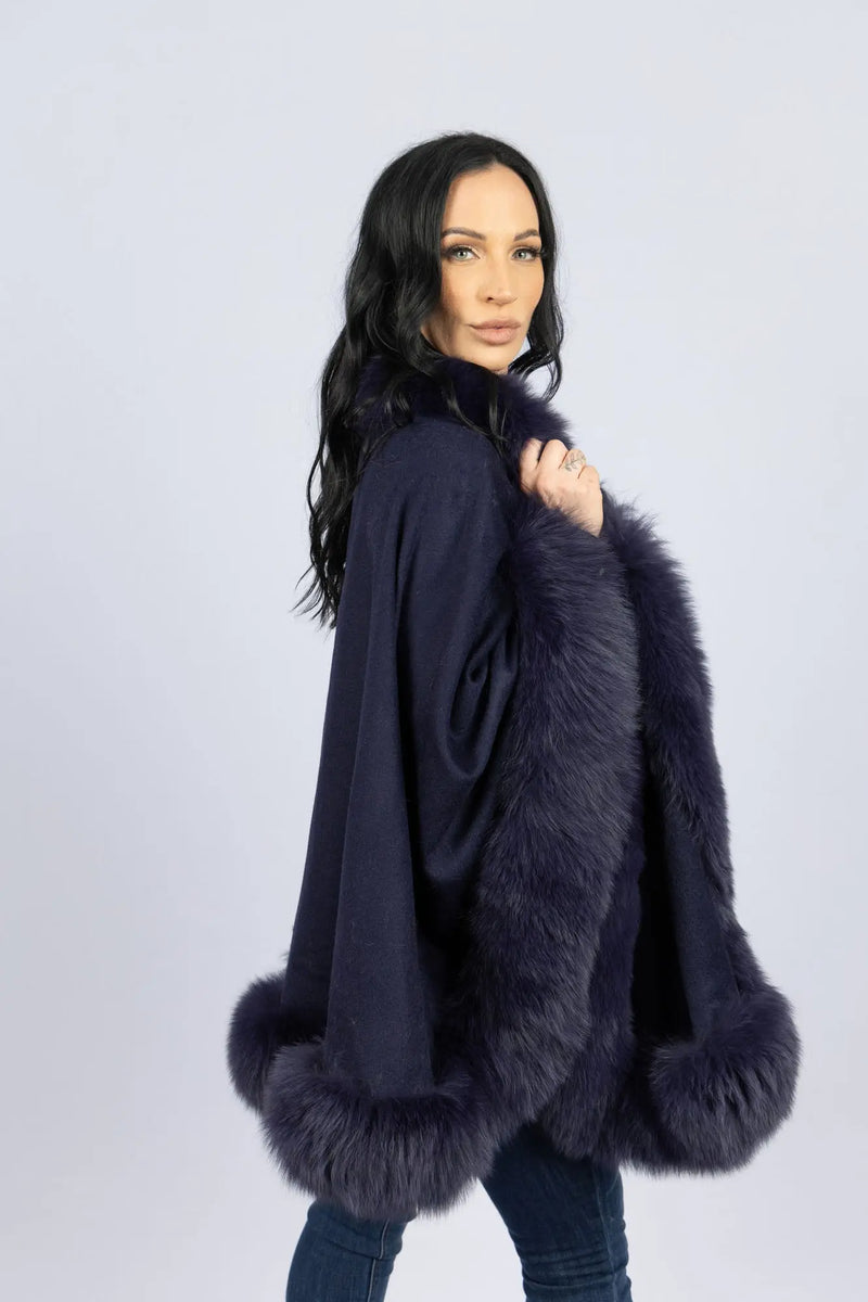 Navy 100% Cashmere Cape with Fox Trim