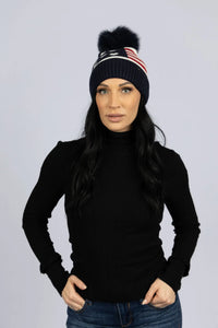 Navy Knit American Flag Beanie with Fox Fur Pom Pom