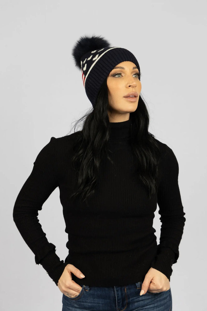 Navy Knit American Flag Beanie with Fox Fur Pom Pom