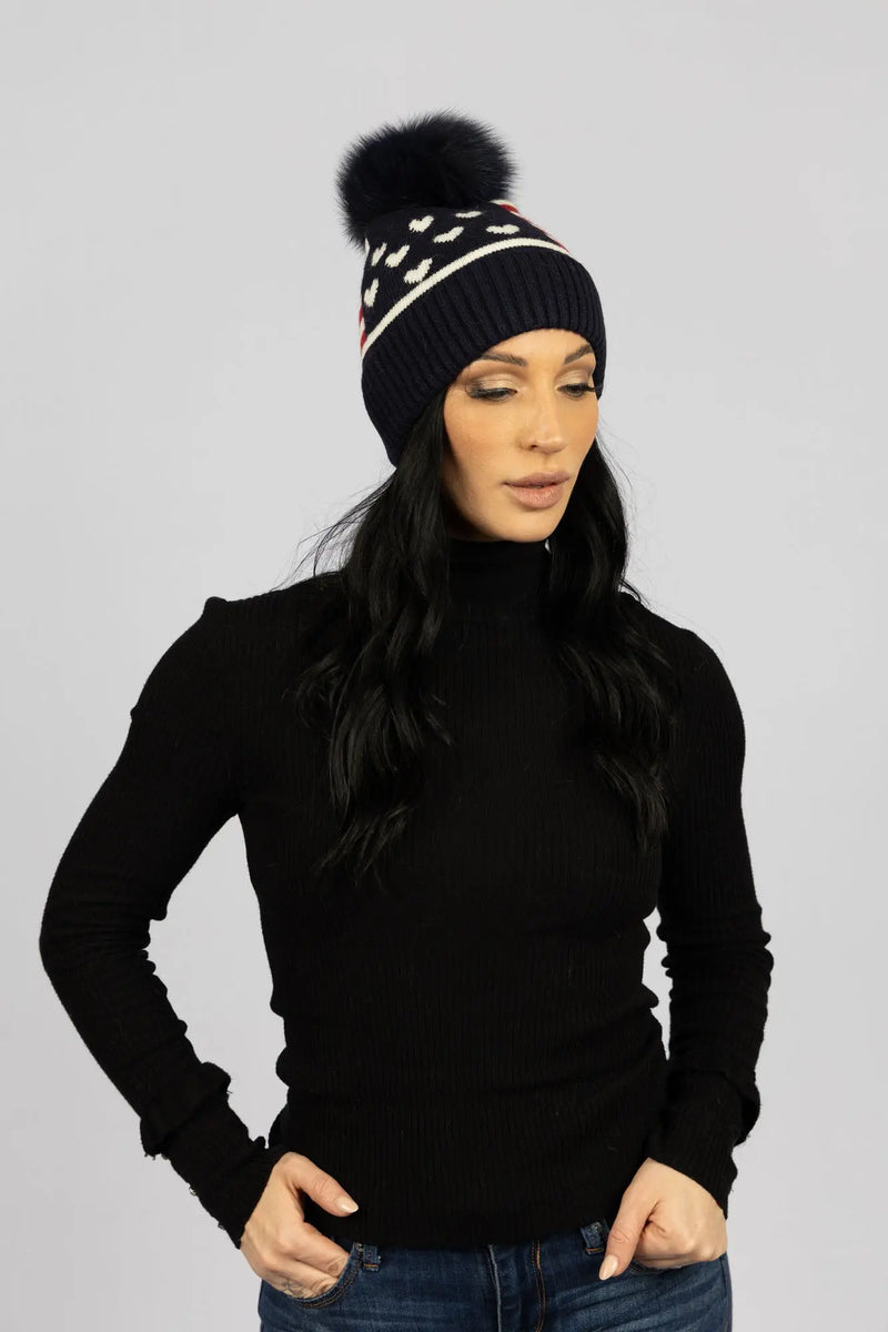 Navy Knit American Flag Beanie with Fox Fur Pom Pom