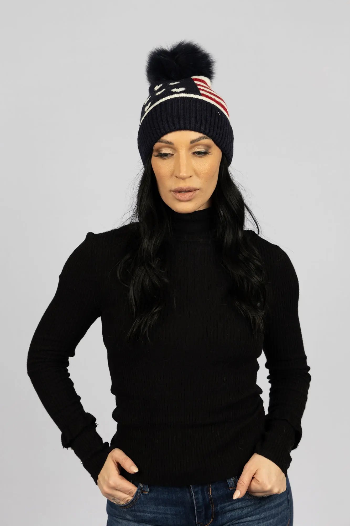 Navy Knit American Flag Beanie with Fox Fur Pom Pom