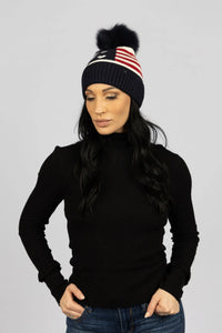 Navy Knit American Flag Beanie with Fox Fur Pom Pom