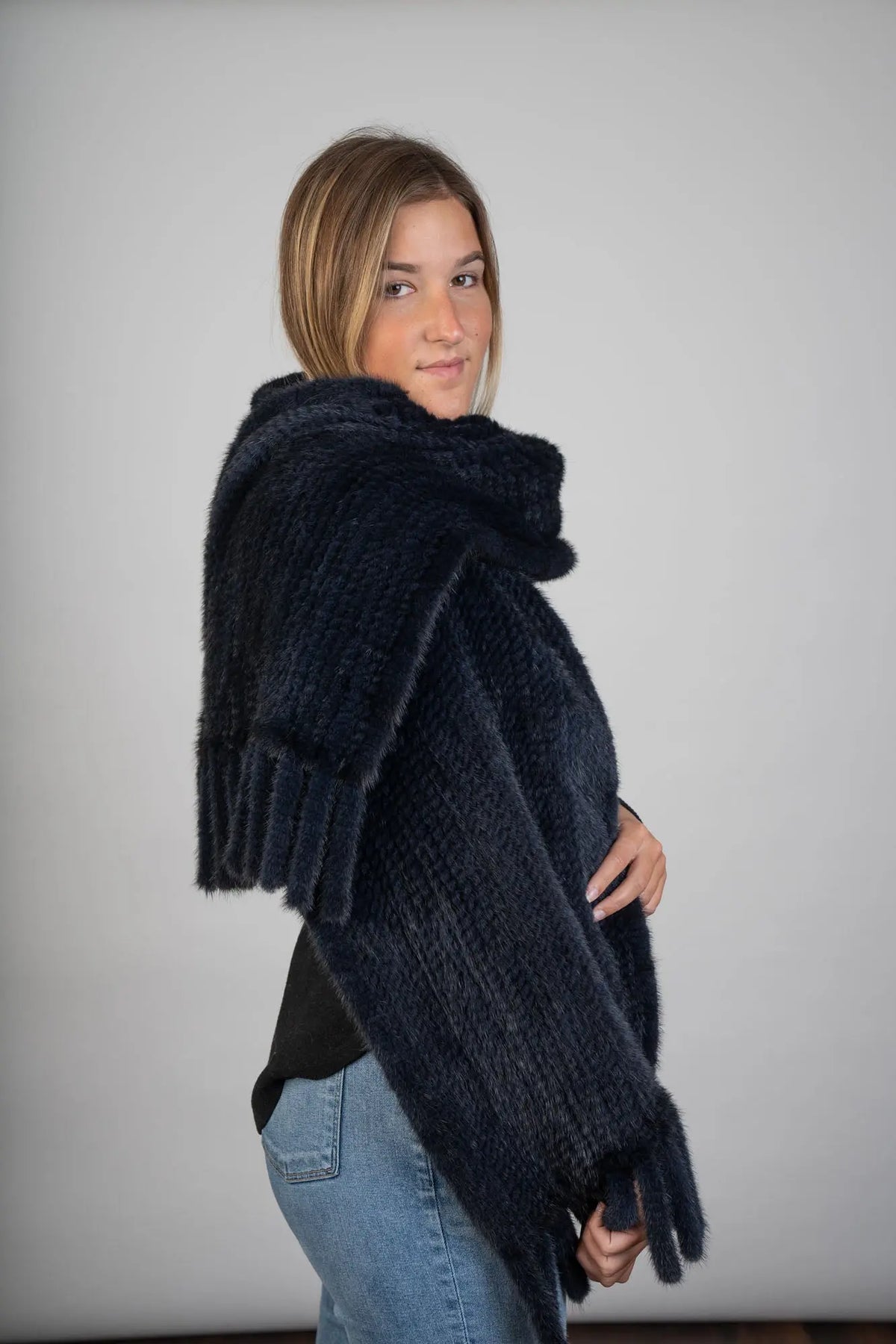 LaBelle Since 1919 Navy Knitted Mink Shawl