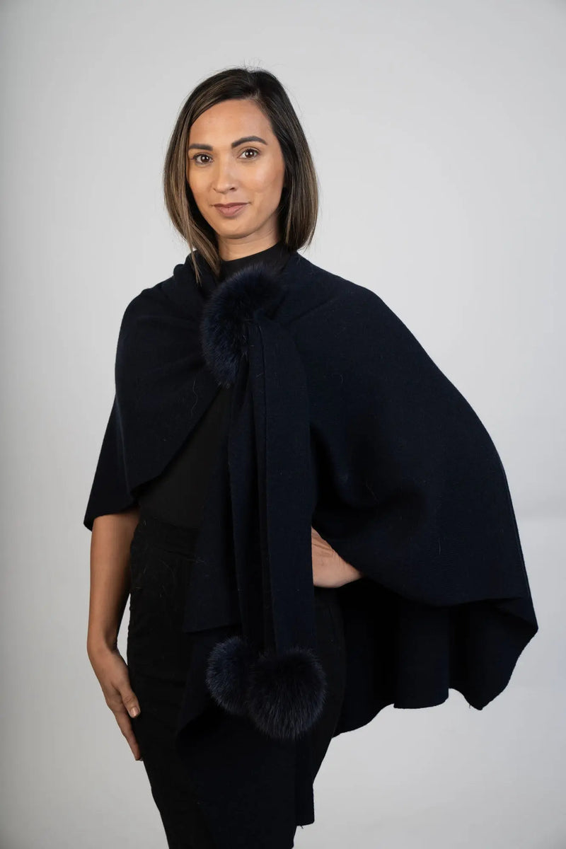 Navy Wool Wrap with Dyed Fox Side Pom-Pom Detail