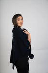 Navy Wool Wrap with Dyed Fox Side Pom-Pom Detail