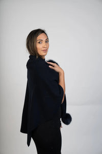 Navy Wool Wrap with Dyed Fox Side Pom-Pom Detail