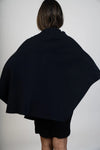 Navy Wool Wrap with Dyed Fox Side Pom-Pom Detail