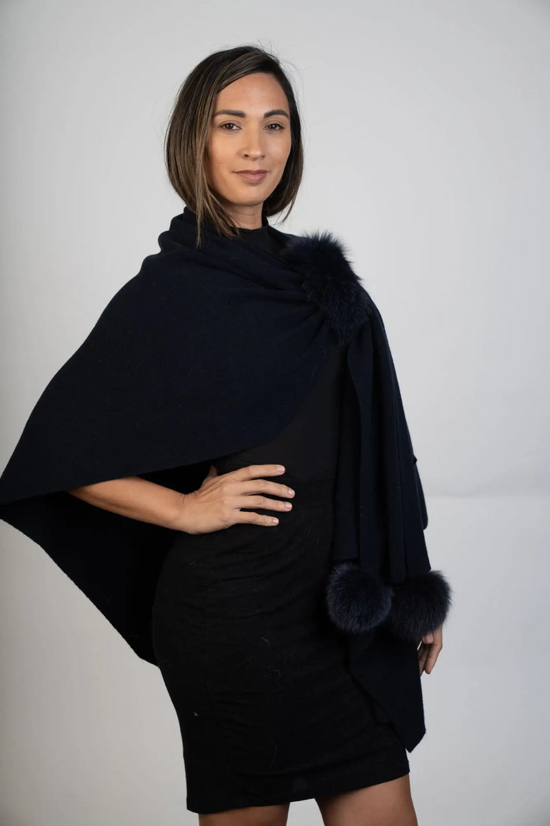 Navy Wool Wrap with Dyed Fox Side Pom-Pom Detail